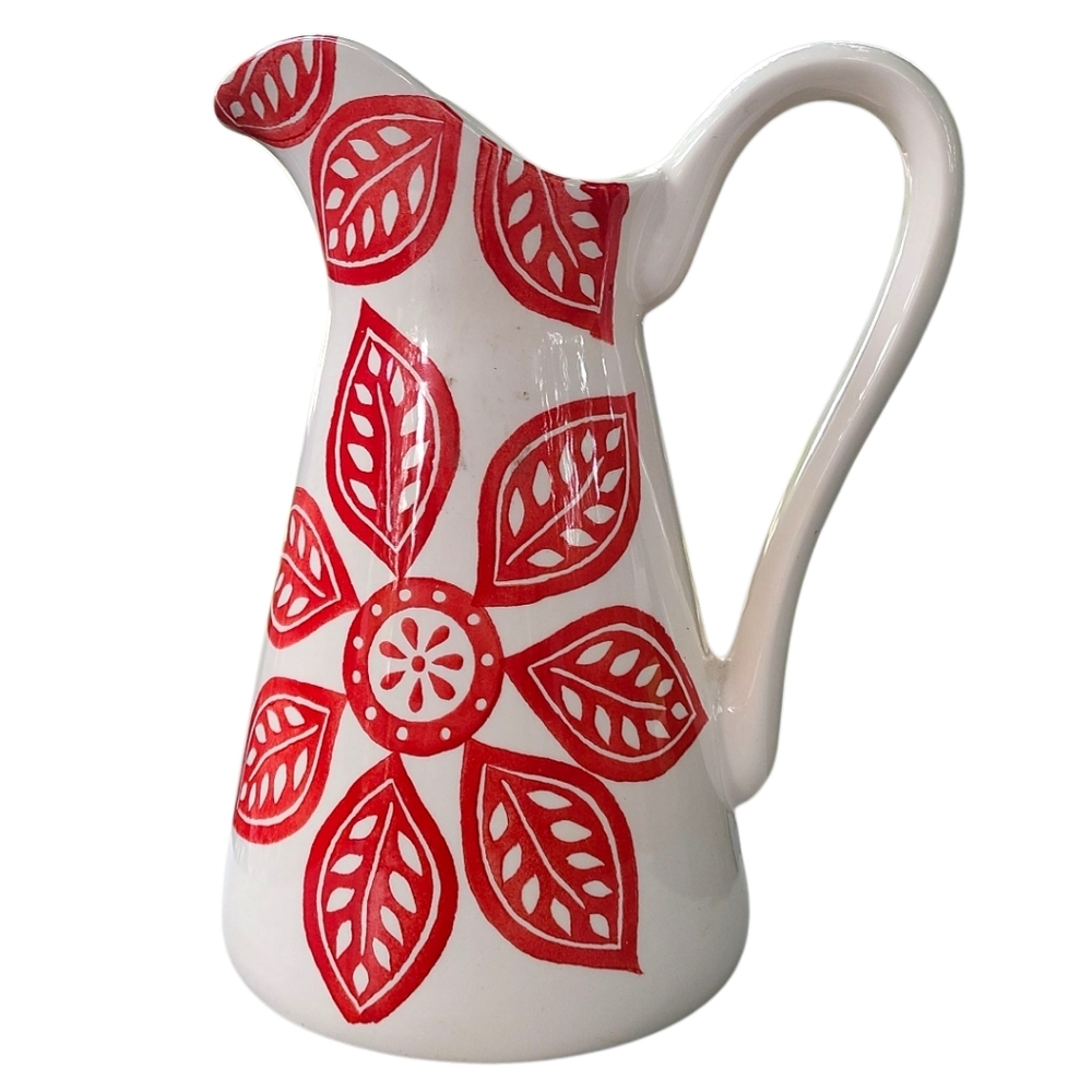 Farval Portugal Handcrafted White Ceramic 11.75” Pitcher Groovy Red
